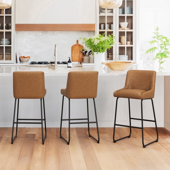 Dycanpo 26" Counter Height Bar Stools Set 3, Faux Leather 2.5" Cushion, Whiskey Brown
