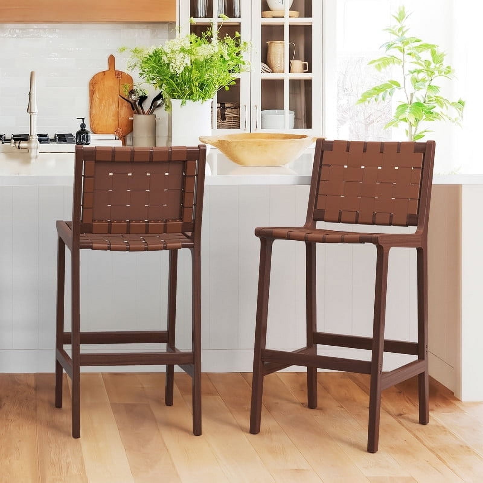 Modern Dark Brown Faux Leather Woven Bar Stools, Set of 2