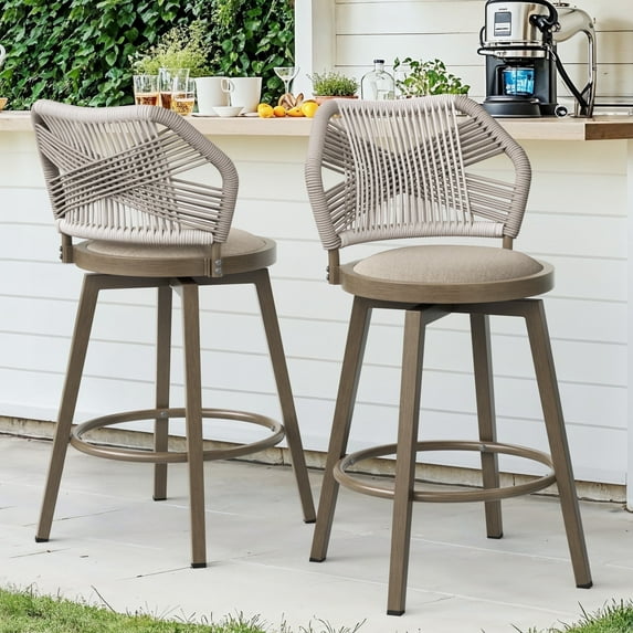 Dycanpo 26'' Bar Stools,Swivel Counter Height Stools Set of 3 with Woven Backrest & Footrest,Beige