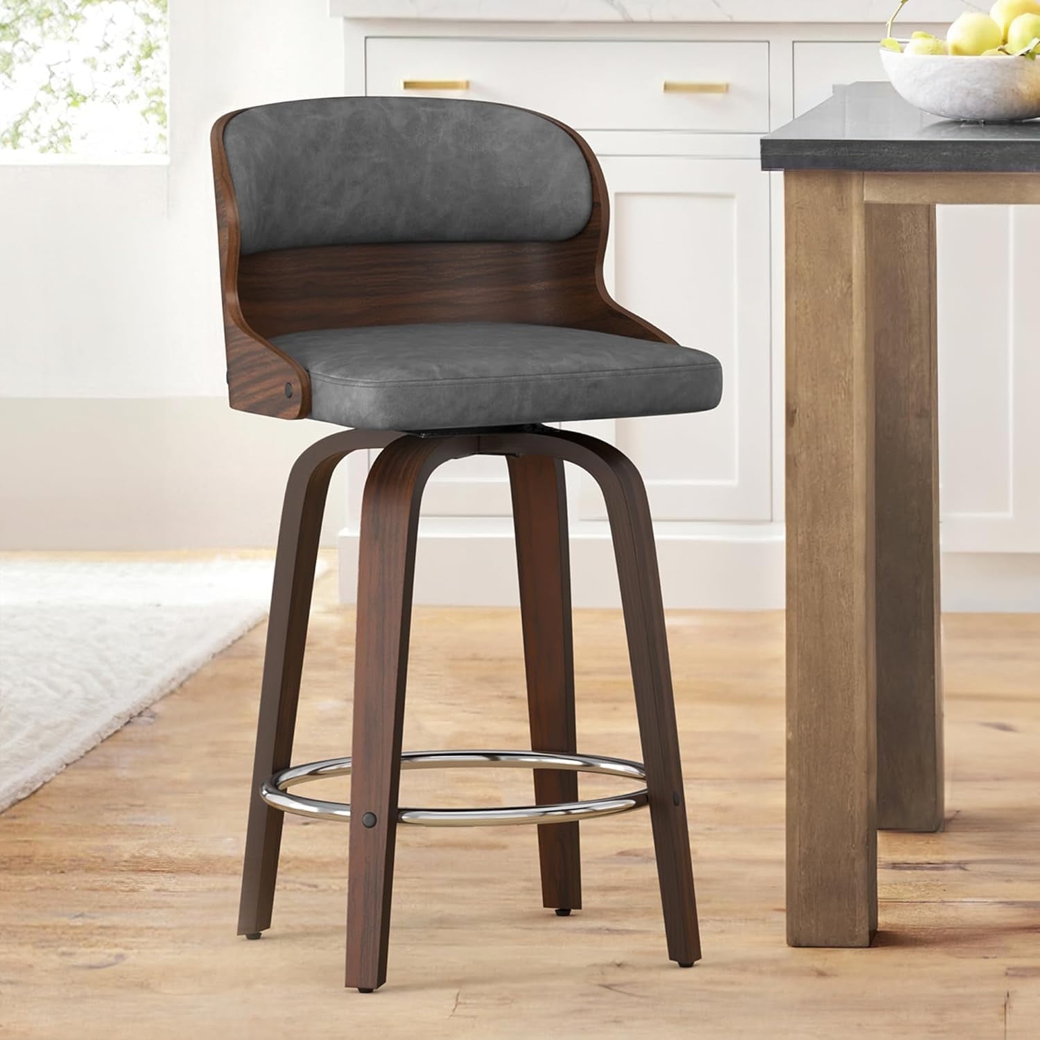 Gray Faux Leather and Walnut Wood Swivel Counter Stool