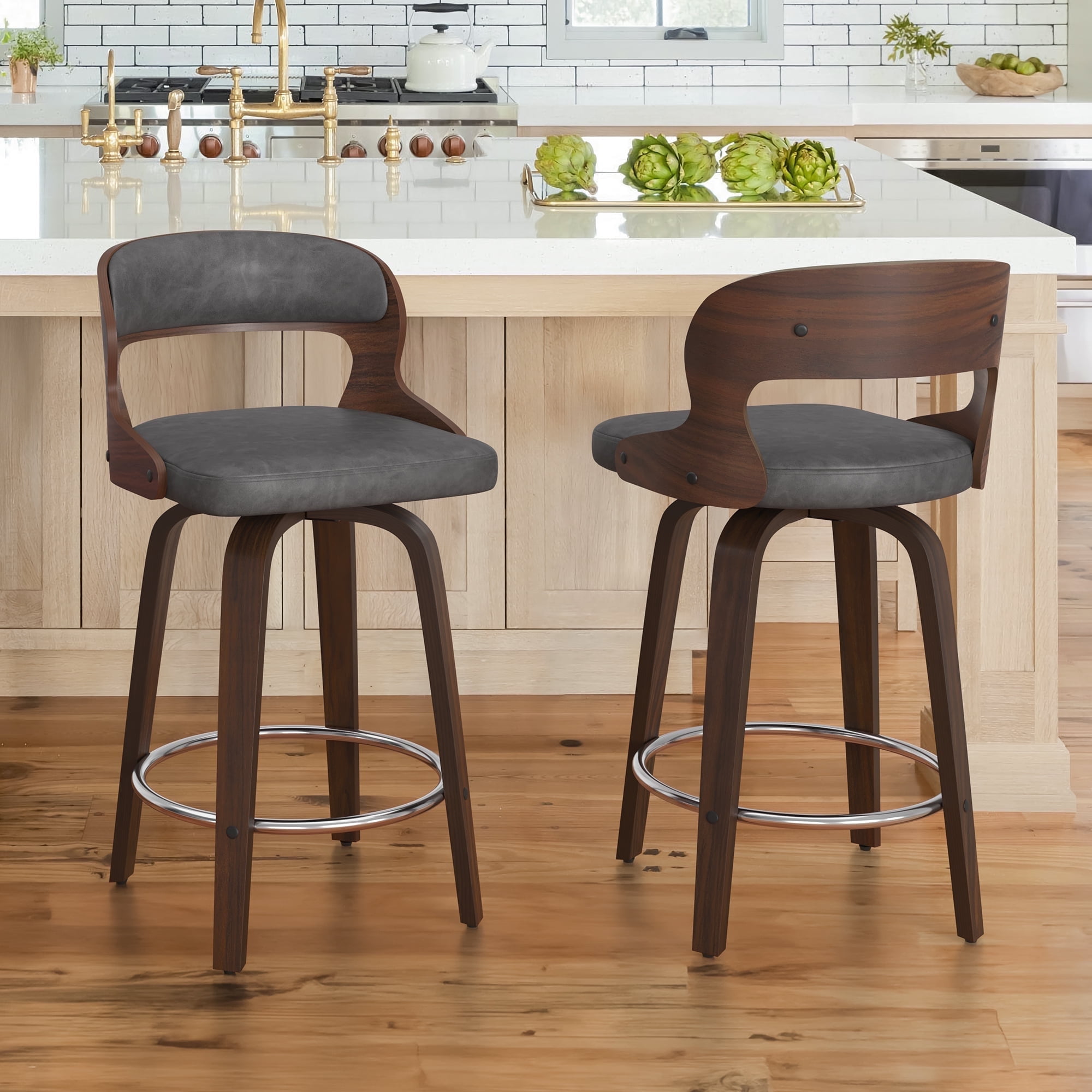 Gray Faux Leather Swivel Counter Stools with Walnut Wood Frame, Set of 2
