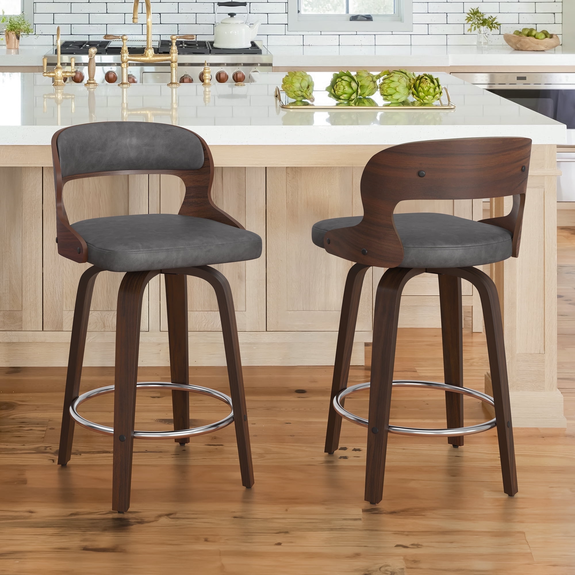 Gray Faux Leather Swivel Counter Stools with Walnut Wood Frame, Set of 2