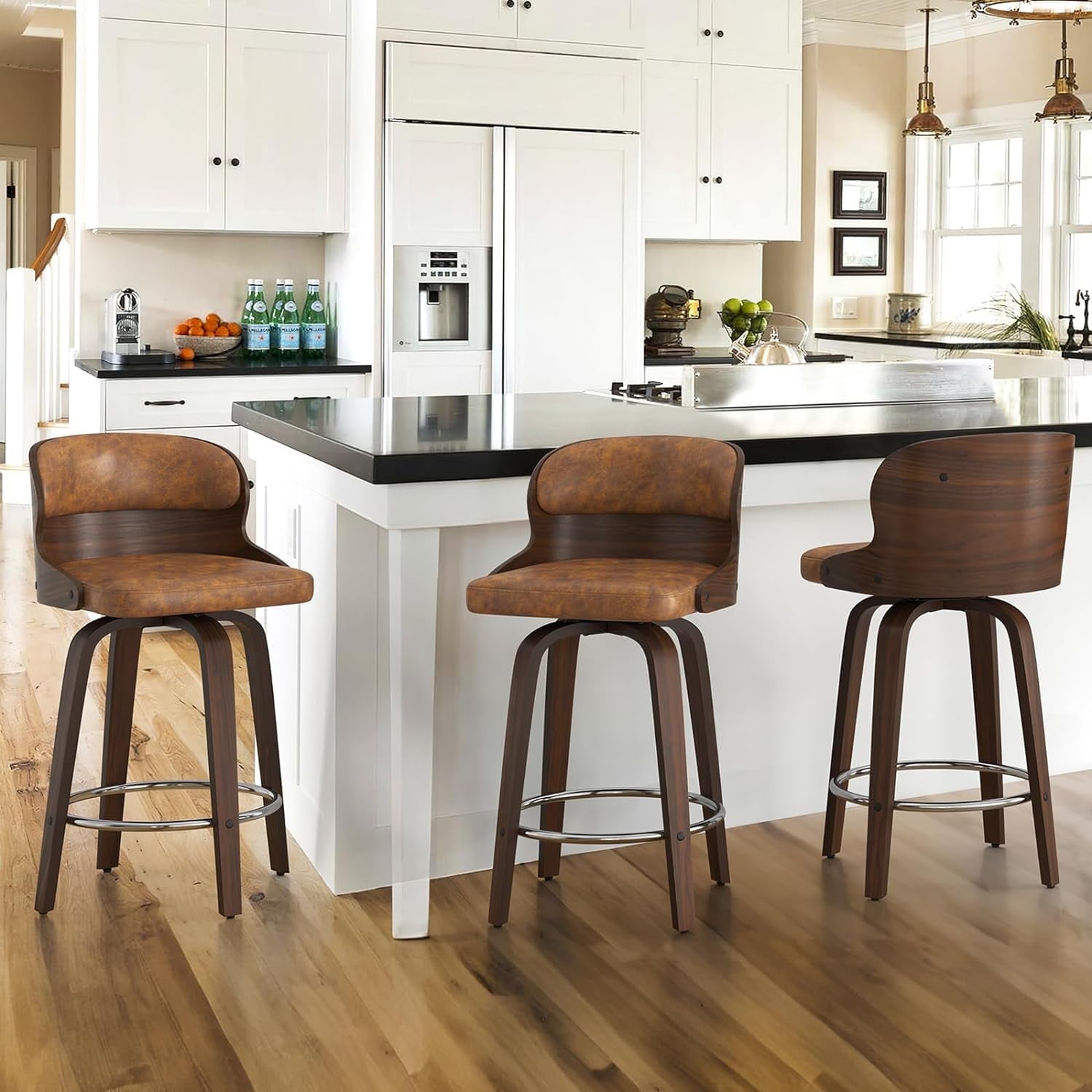 Whiskey Brown Faux Leather and Wood Swivel Counter Stools, Set of 3
