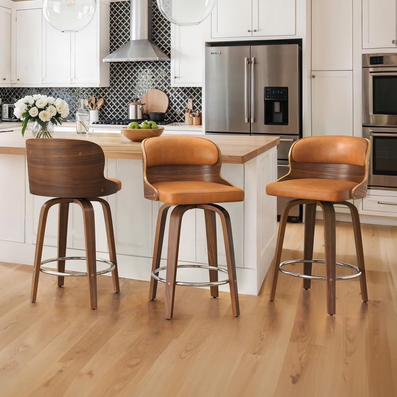 Whiskey Brown Faux Leather and Wood Swivel Counter Stools, Set of 3