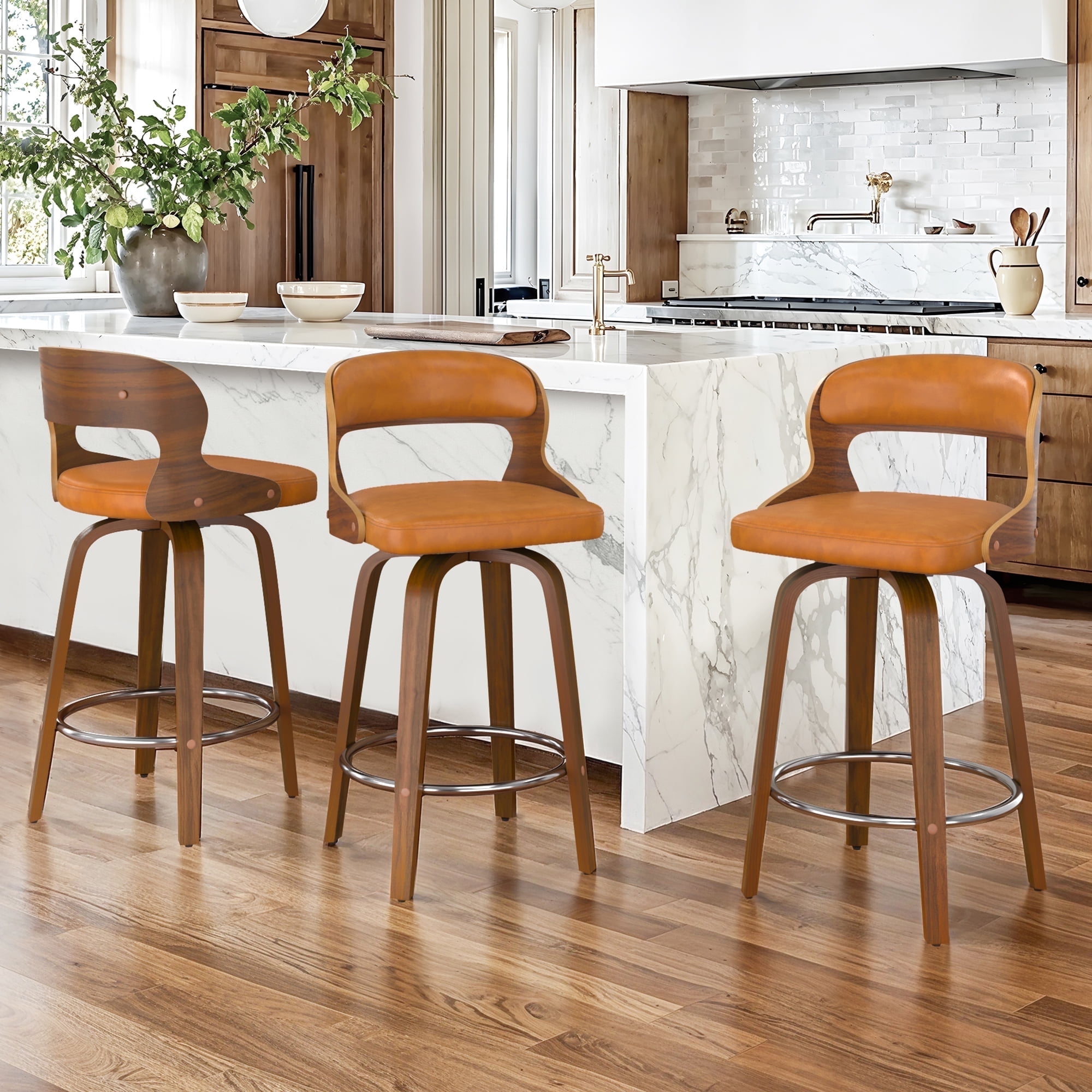 Whiskey Brown Faux Leather and Wood Swivel Counter Stools, Set of 3