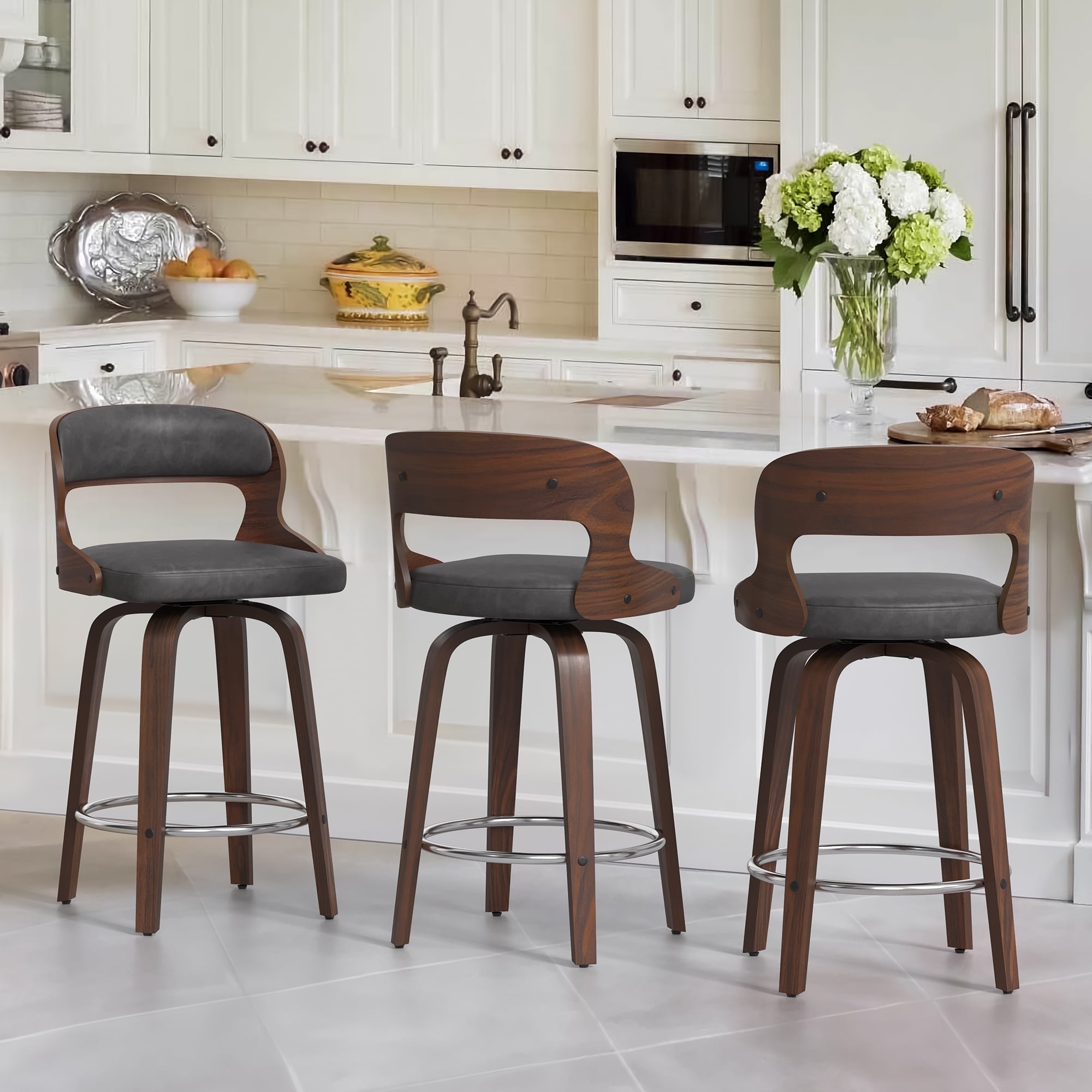 Gray Faux Leather and Walnut Wood Swivel Counter Stools, Set of 3