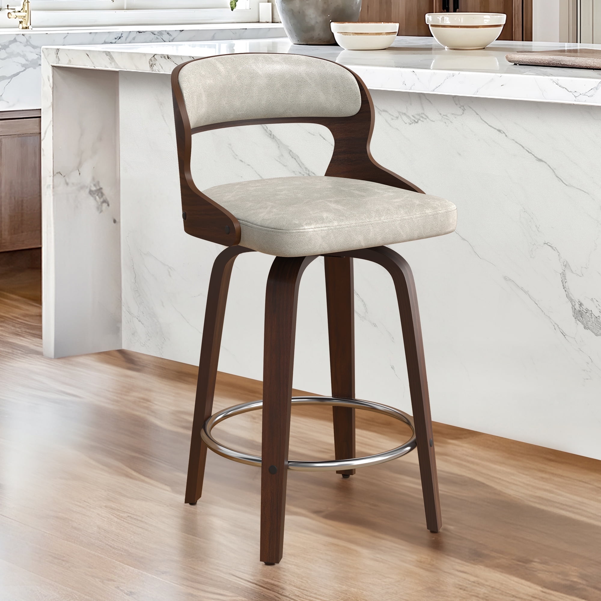Dycanpo 26”Bar Stools Swivel, Wood Counter Height Bar Stools for Home Kitchen, Light Beige Gray