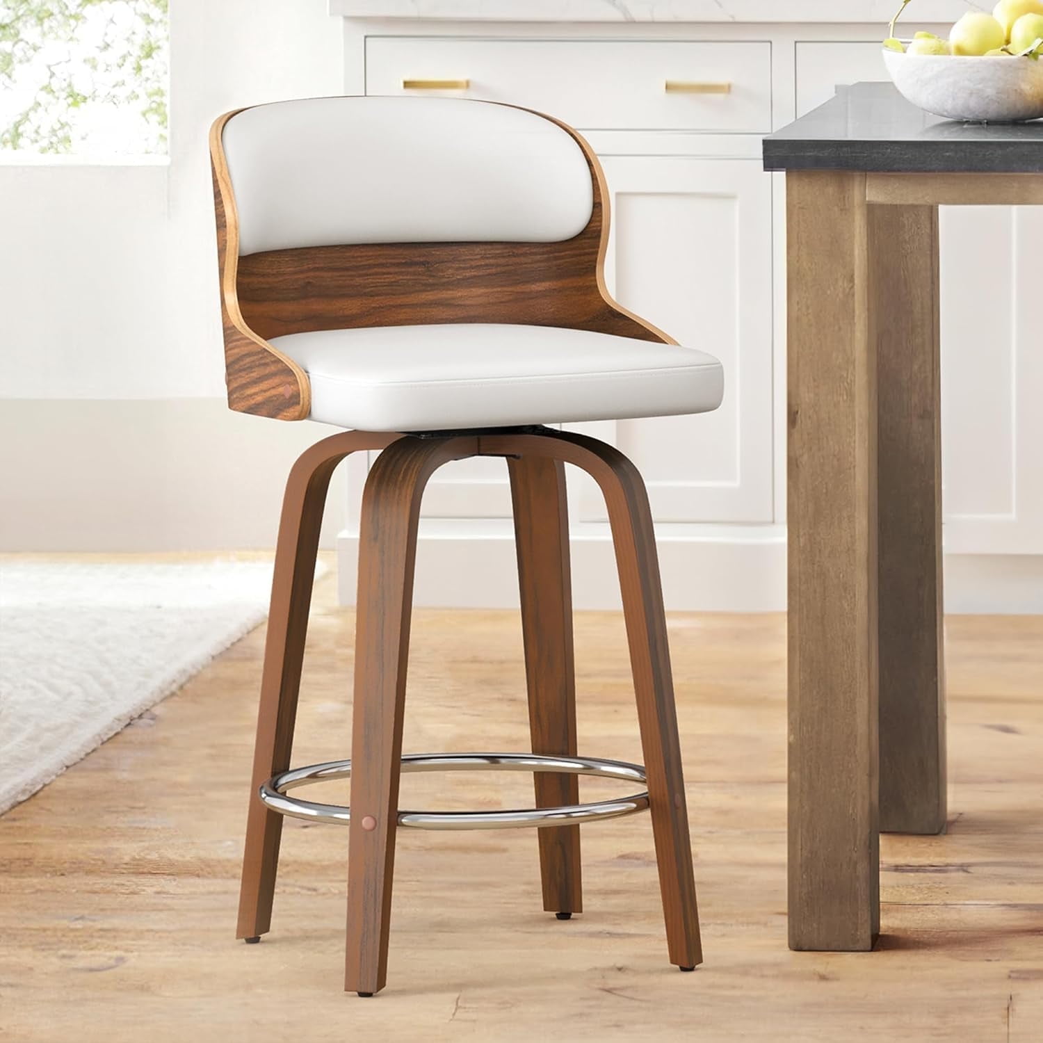Dycanpo 26”Bar Stools Swivel, Wood Counter Height Bar Stools for Kitchen Island, White