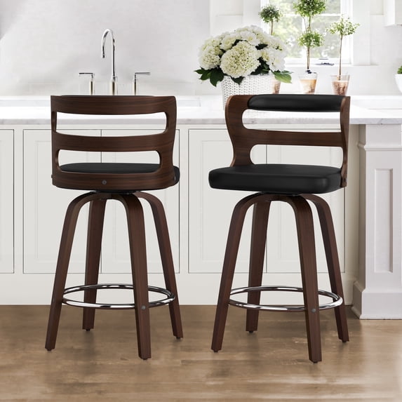 Dycanpo 26" Swivel Hollow Back Counter Bar Stools Set of 2, PU Leather Kitchen Island Chairs, Black