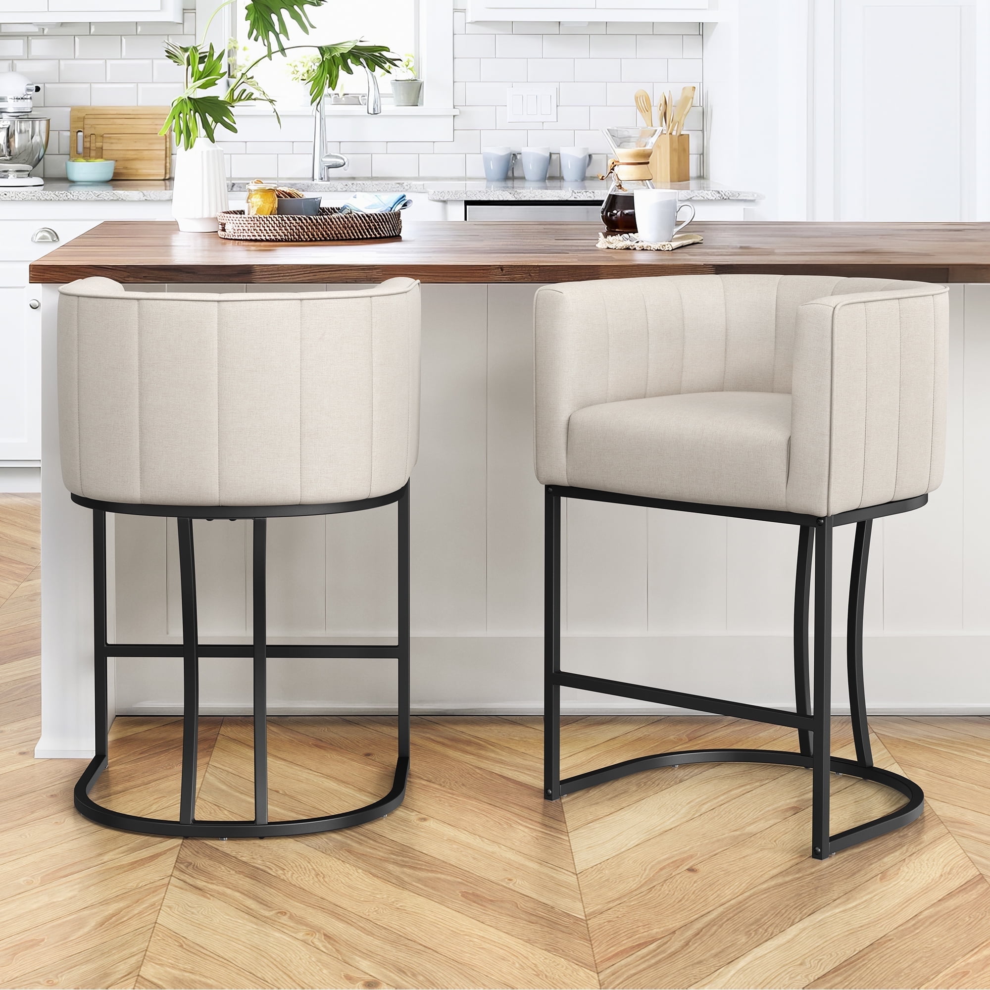 Beige and Black Metal Frame Counter Height Stools, Set of 2