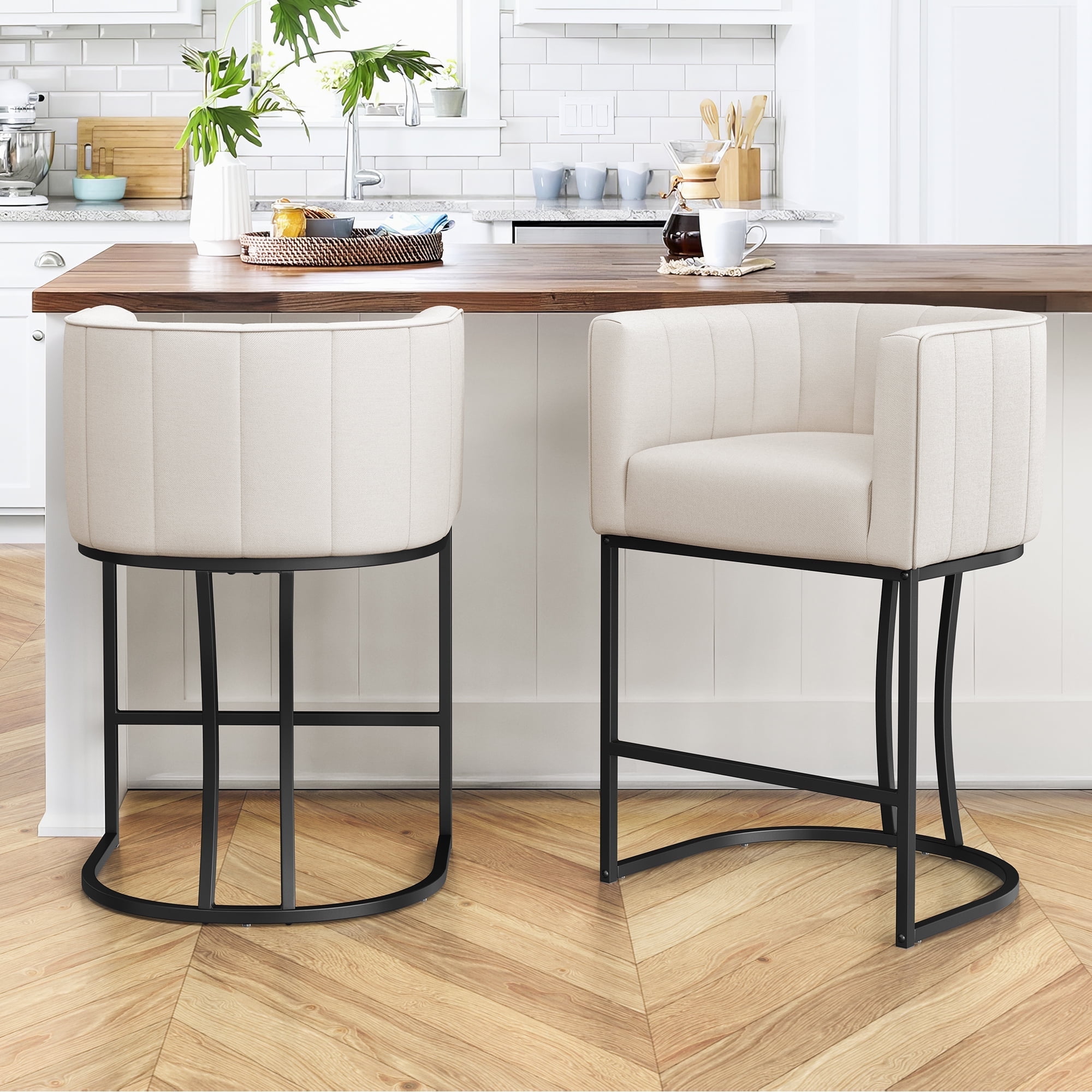Beige and Black Metal Frame Counter Height Stools, Set of 2