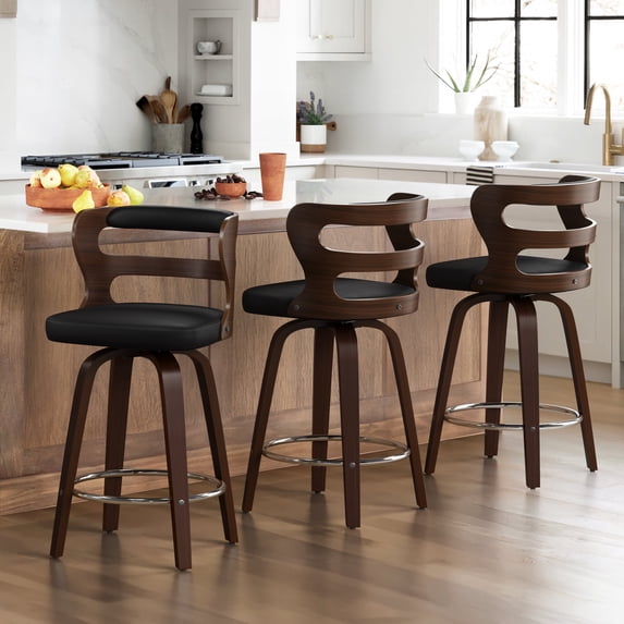 Dycanpo 26" Counter Height Bar Stools Set of 3, Swivel Counter Stools with Back for Kitchen Island, Black