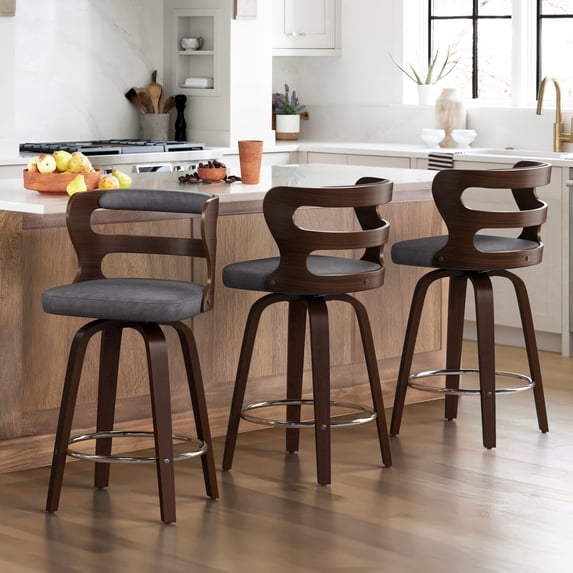 Dycanpo 26" Swivel Hollow Back Counter Bar Stools Set of 3, PU Leather Kitchen Island Chairs, Dark Gray