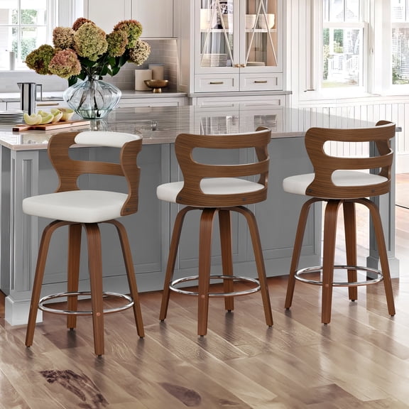 Dycanpo 26" Counter Height Bar Stools Set of 3, Swivel Counter Stools with Back for Kitchen Island, White