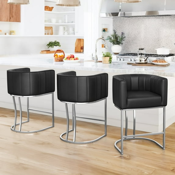 Dycanpo 26'' Counter Height Bar Stools Set of 3 with Backrest and Arms,Faux Leather (Black-Silver )