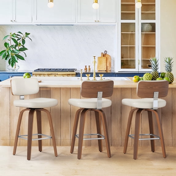 Dycanpo 26"H Counter Height Bar Stool Set of 3 with Back PU Leather for Home Kitchen, White
