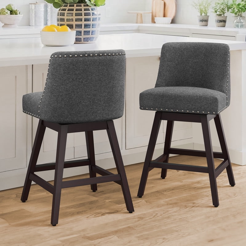 Gray Linen Fabric Swivel Bar Stools with Solid Wood Legs, Set of 2