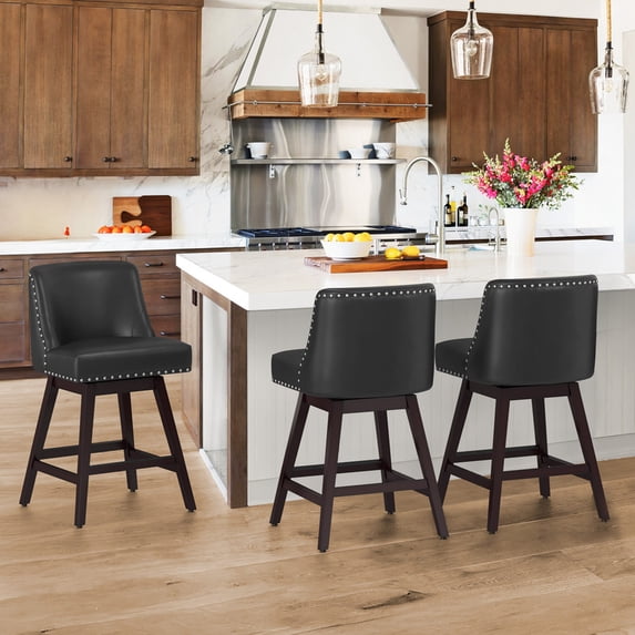 Dycanpo 26''H Swivel Bar Stools with Back Sets of 3 Faux Leather for Home Kitchen Island, Black