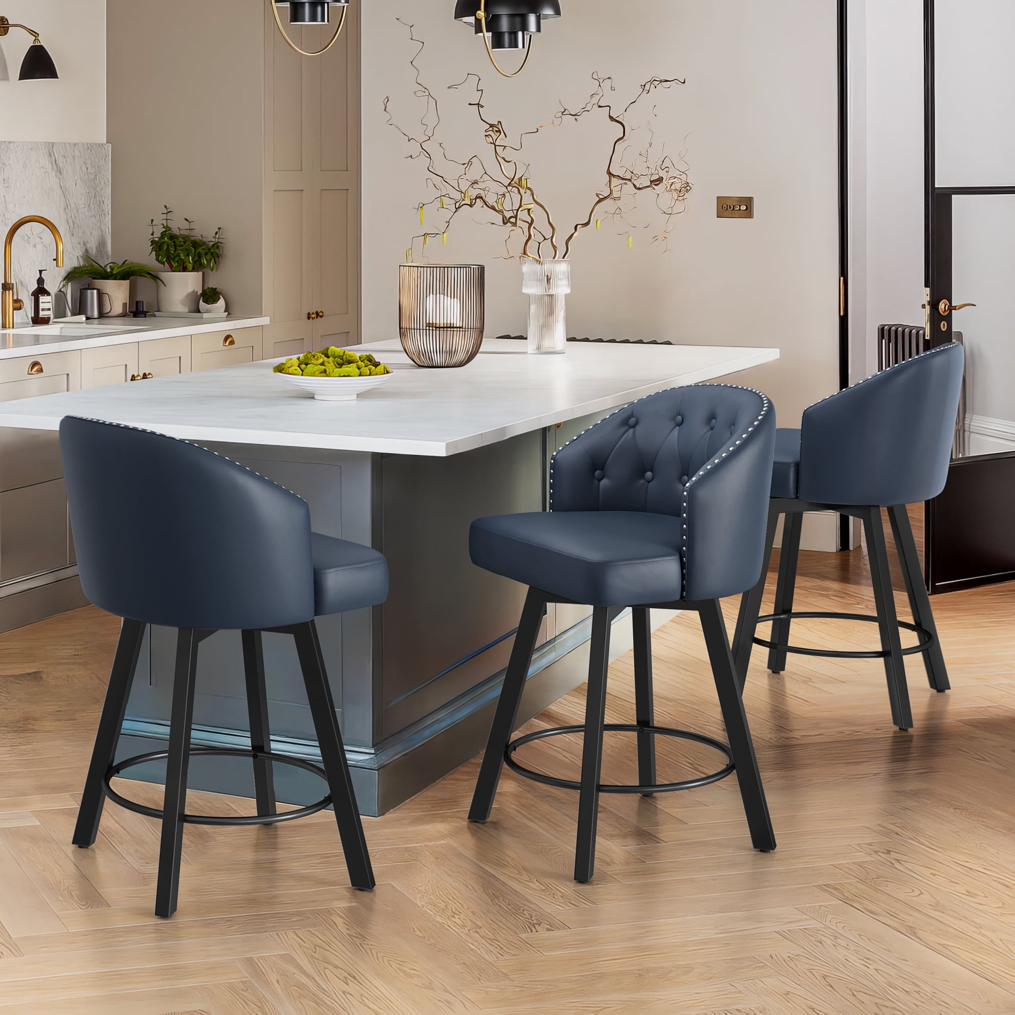 Dark Blue Faux Leather Swivel Counter Height Bar Stools with Metal Legs