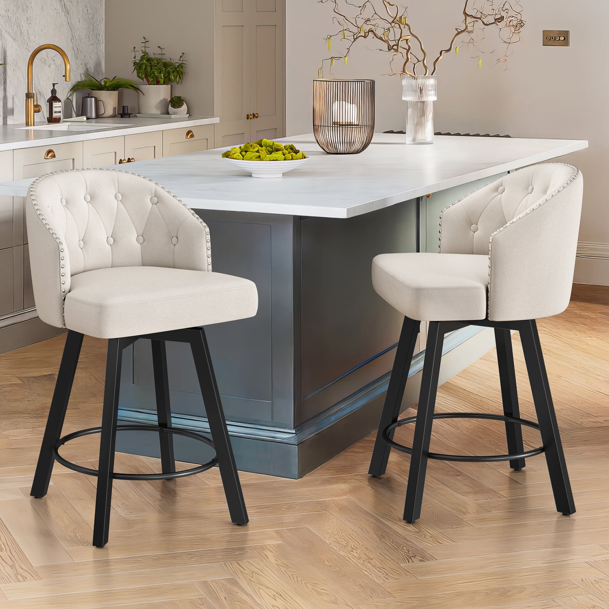 Beige Linen Upholstered Swivel Counter Stools with Metal Frame, Set of 2