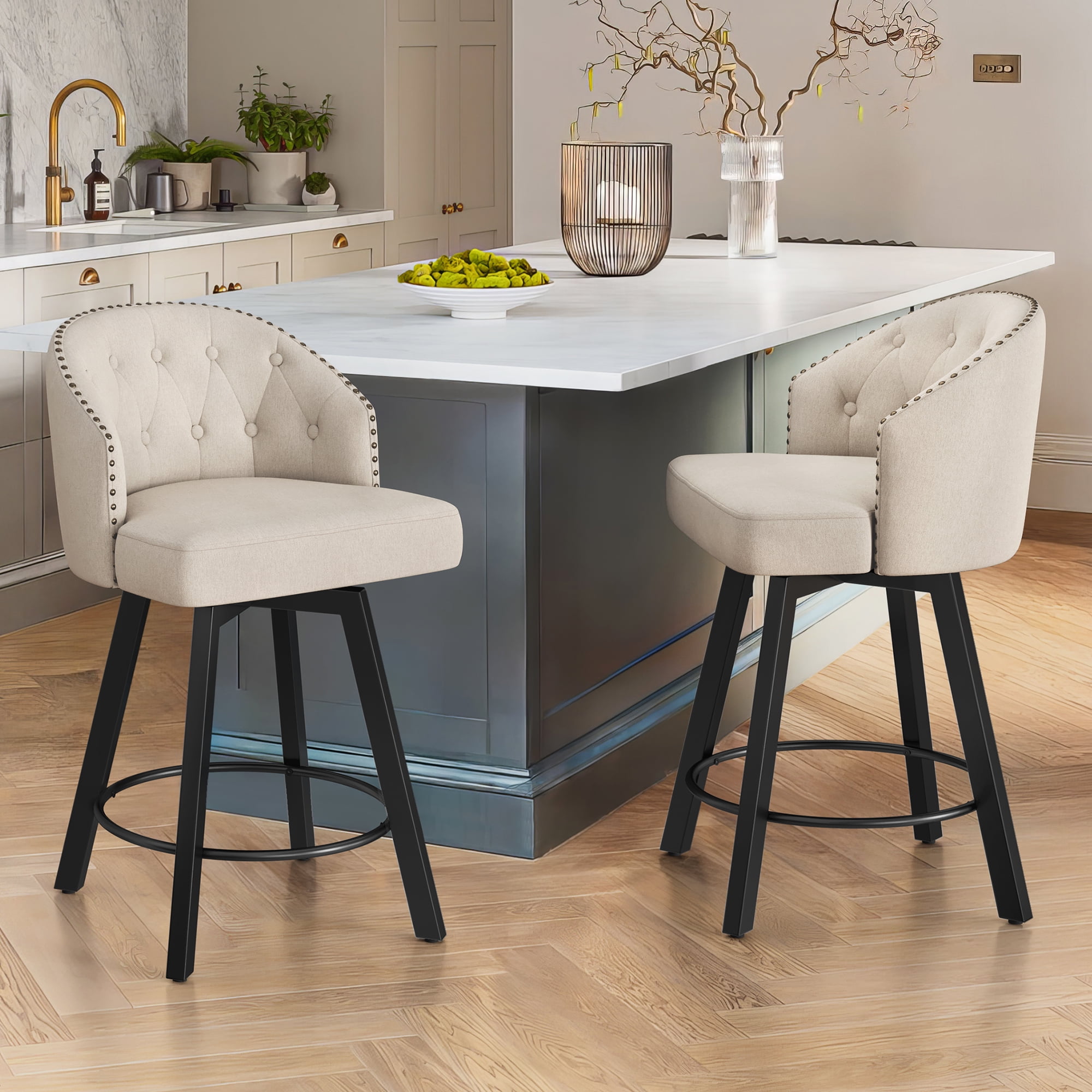 Beige Linen Upholstered Swivel Counter Stools with Metal Frame, Set of 2