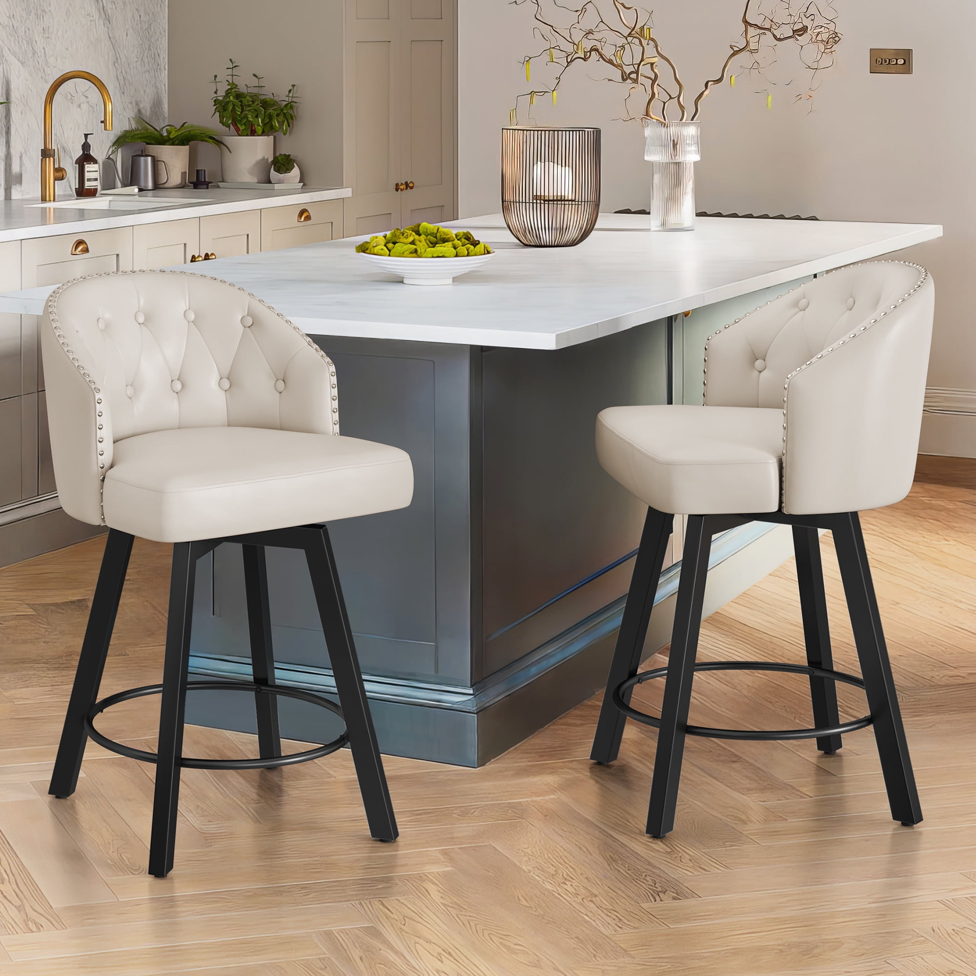 White Faux Leather Swivel Counter Height Bar Stools with Metal Frame, Set of 2