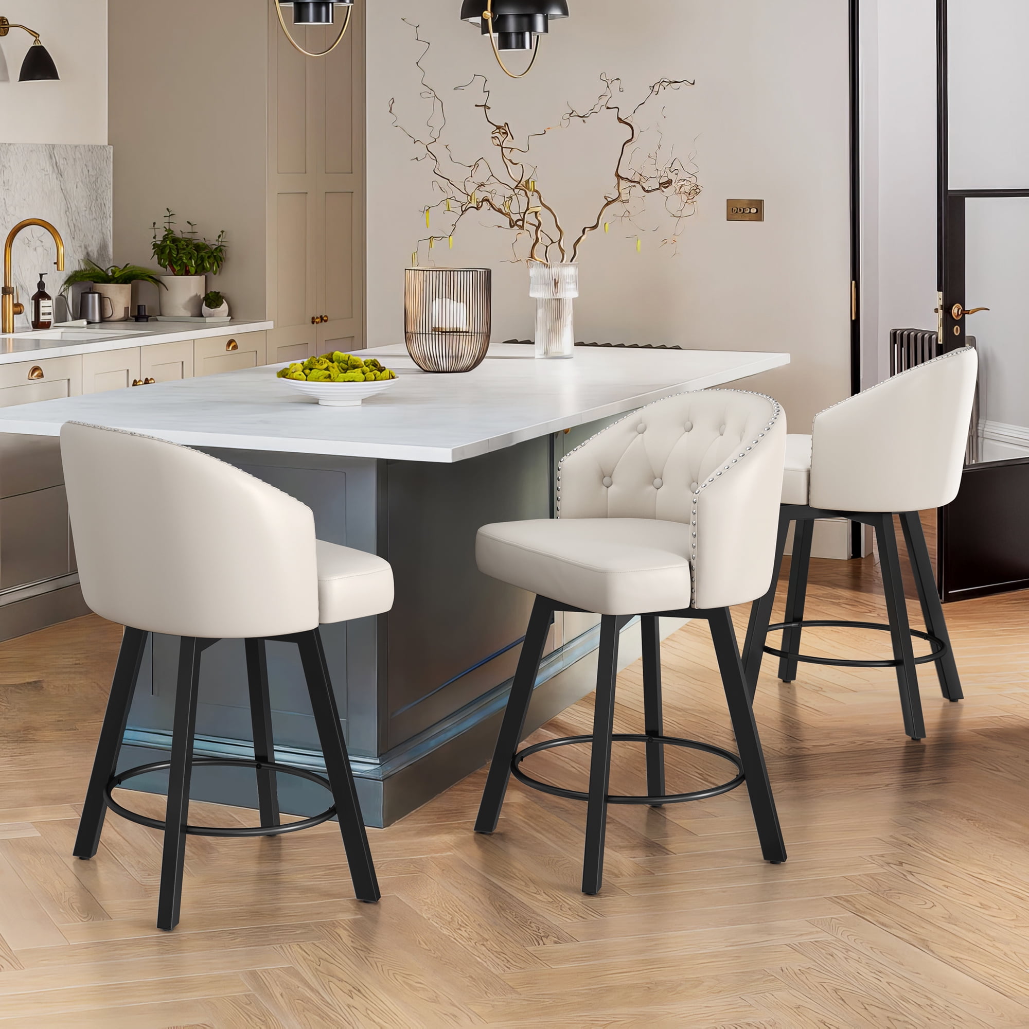 Dycanpo 26''H Swivel Counter Height Bar Stools Set of 3 with Backs Dining Chairs for Home, White
