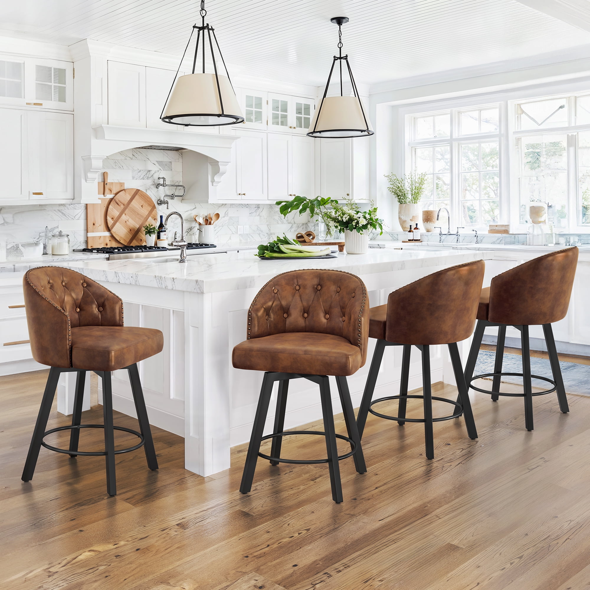 26" Brown Faux Leather Swivel Counter Height Bar Stools with Wood Legs