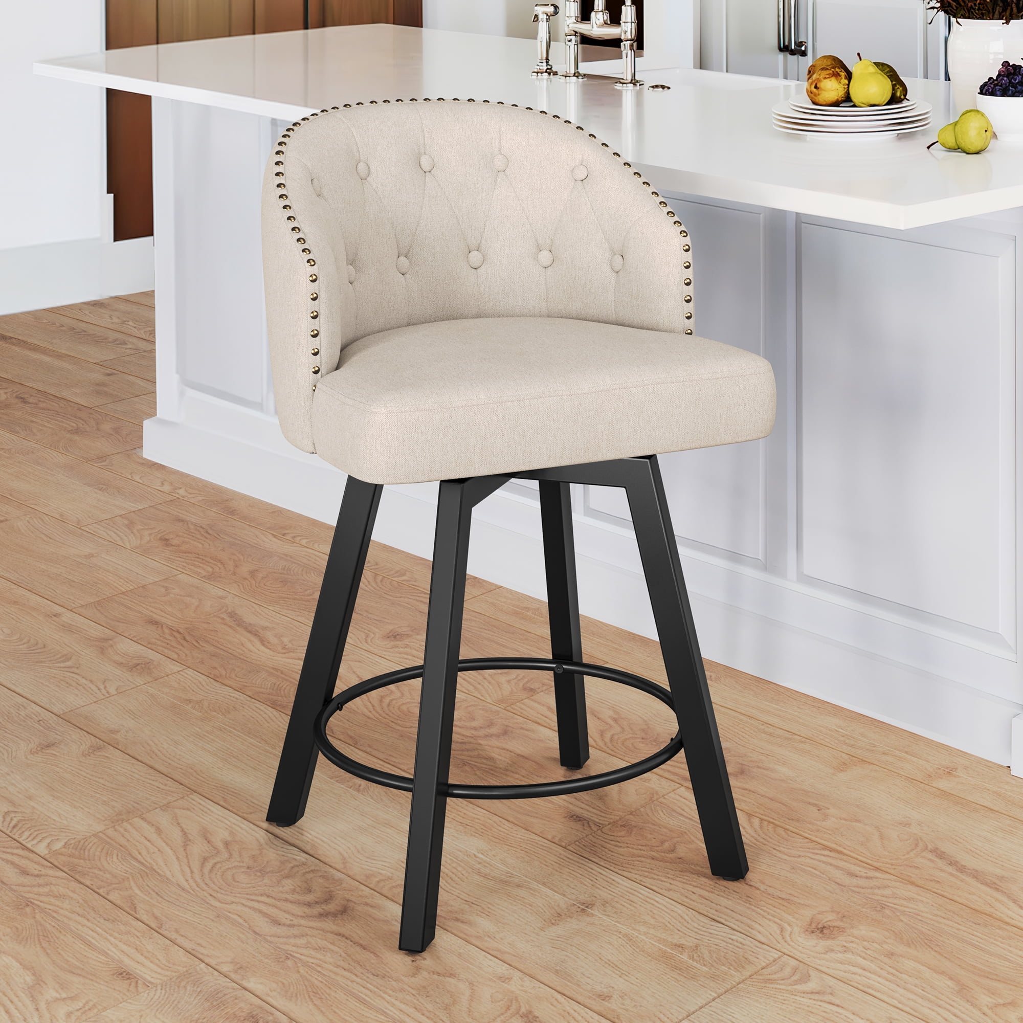 Beige Linen Upholstered Swivel Counter Height Bar Stool with Metal Frame