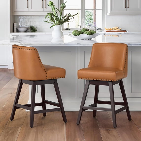 Dycanpo 26''H Swivel Counter Stools Set of 2 with Back Faux Leather for Home Kitchen Island, Brown