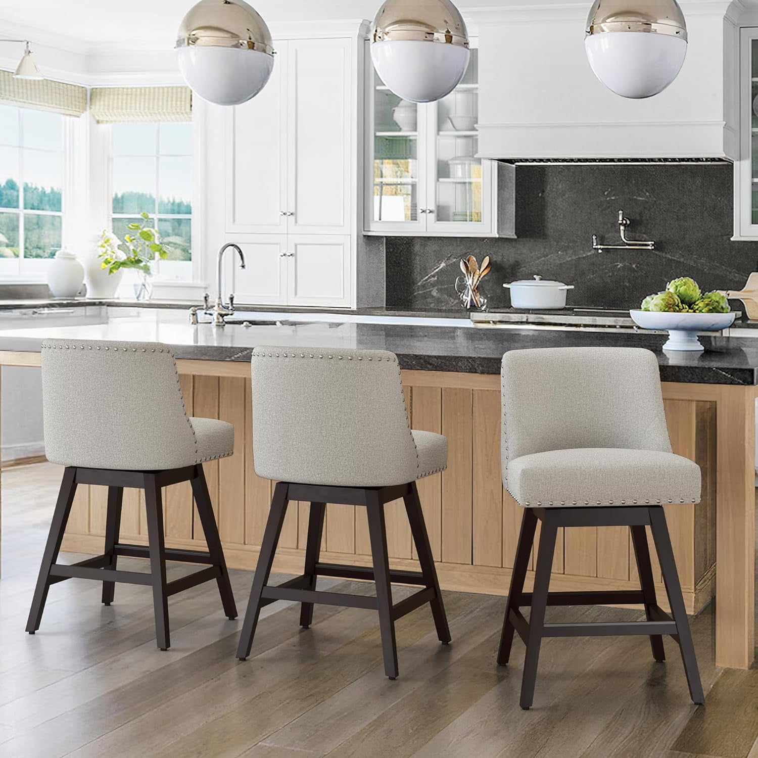 Zoi 26" Oyster Gray Wood Swivel Counter Stools, Set of 3
