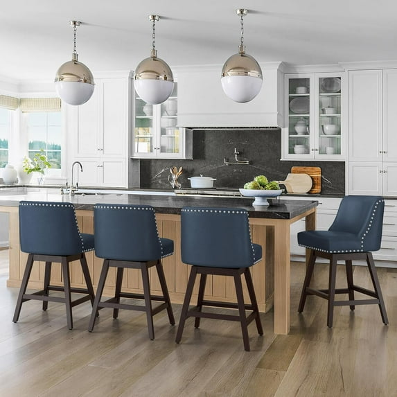 Dycanpo 26''H Swivel Counter Stools Set of 4 with Back Faux Leather for Home Kitchen Island, Blue