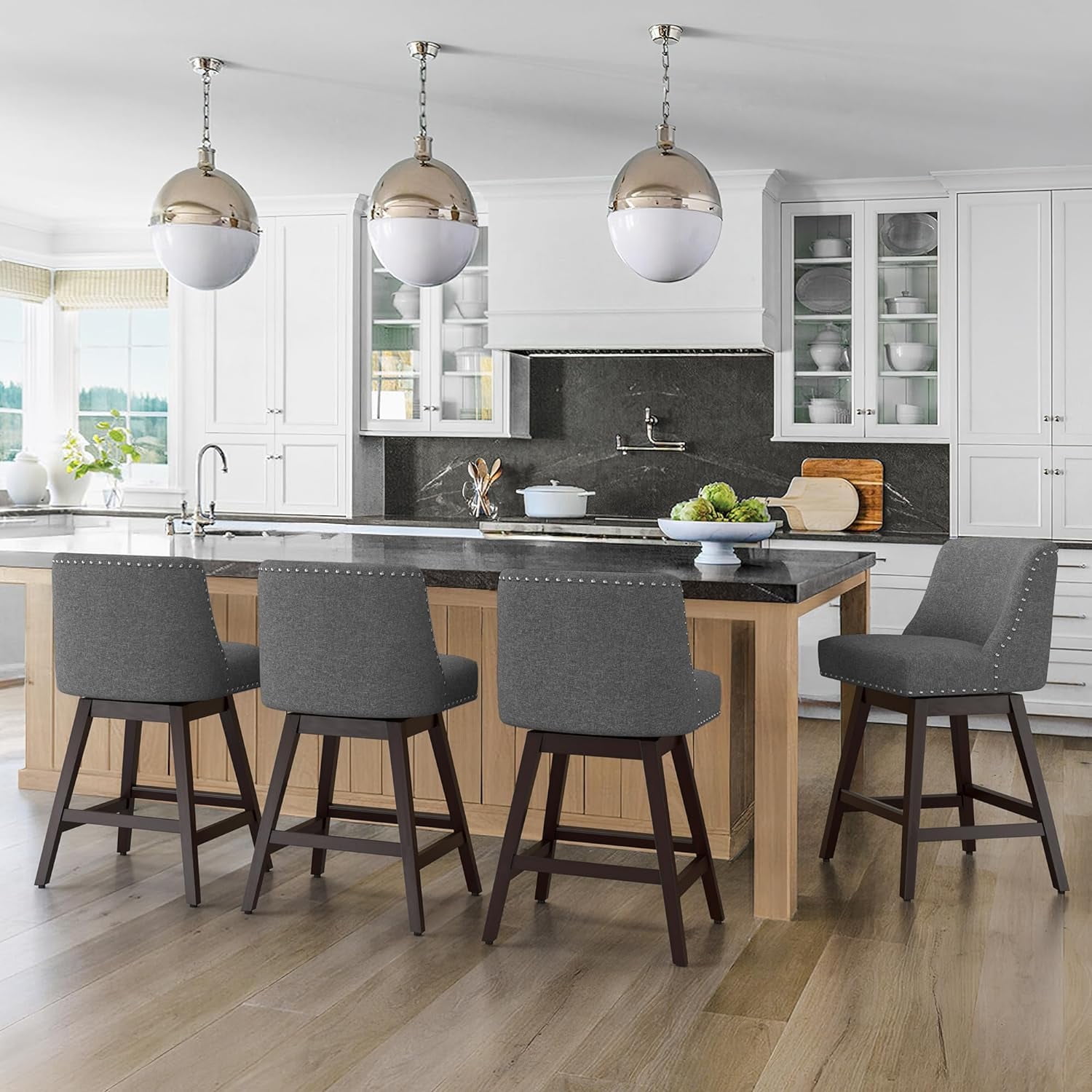 Gray Linen Fabric Swivel Counter Stools with Solid Wood Legs, Set of 4