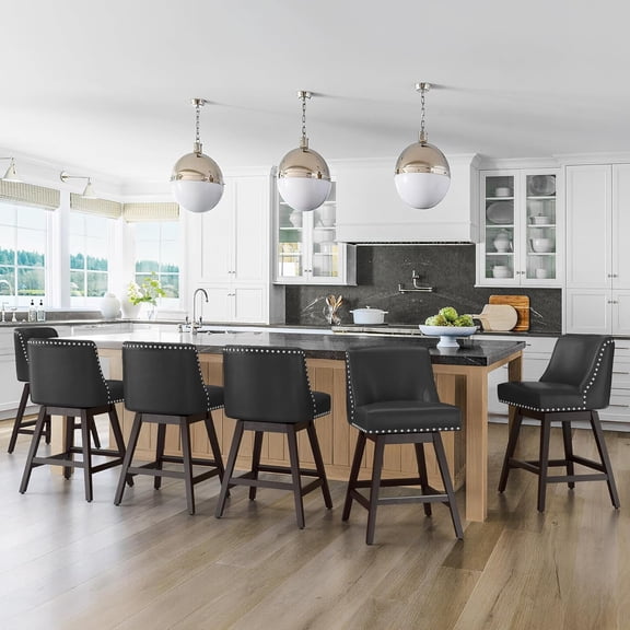 Dycanpo 26''H Swivel Counter Stools Set of 6 with Back Faux Leather for Home Kitchen Island, Black