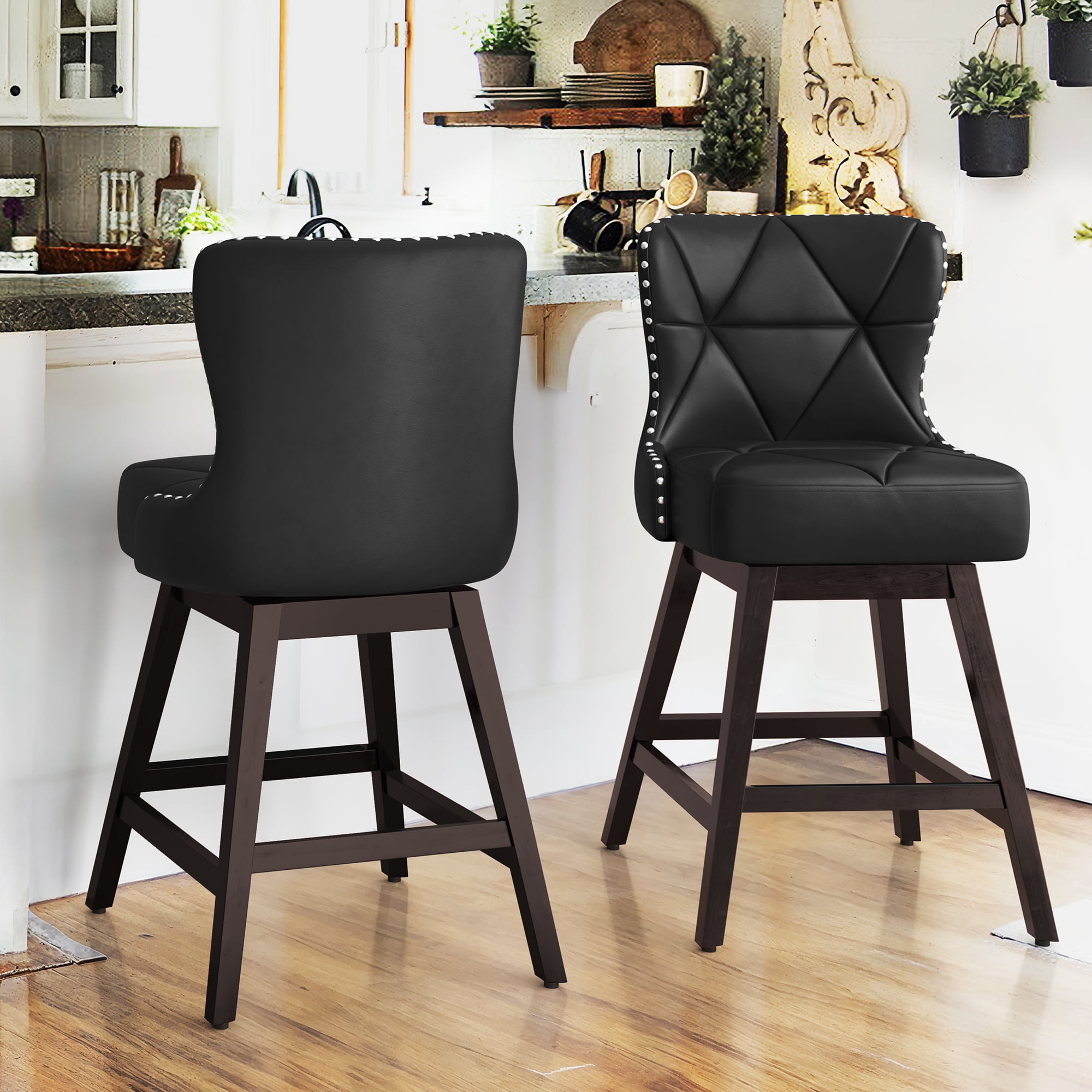 Black Faux Leather 26" Swivel Bar Stools with Rubberwood Frame, Set of 2