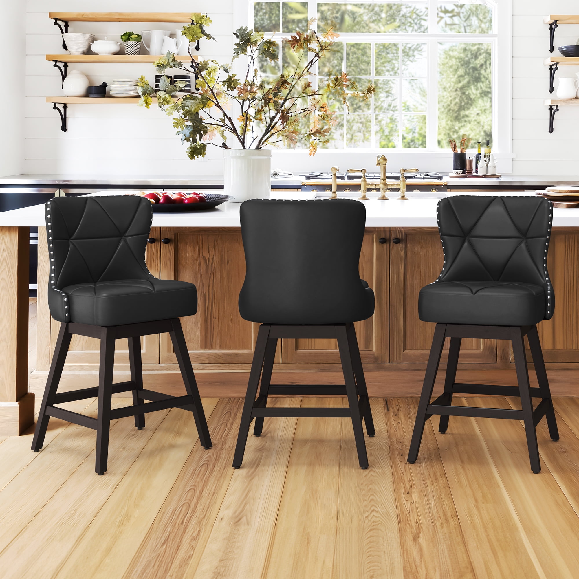 Black Faux Leather Swivel Counter Stools with Wood Frame, Set of 3