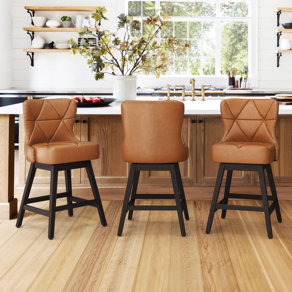 Dycanpo 26" Swivel Bar Stool Set of 3 with Upholstered Back, for Home Kitchen, Yellowish Brown