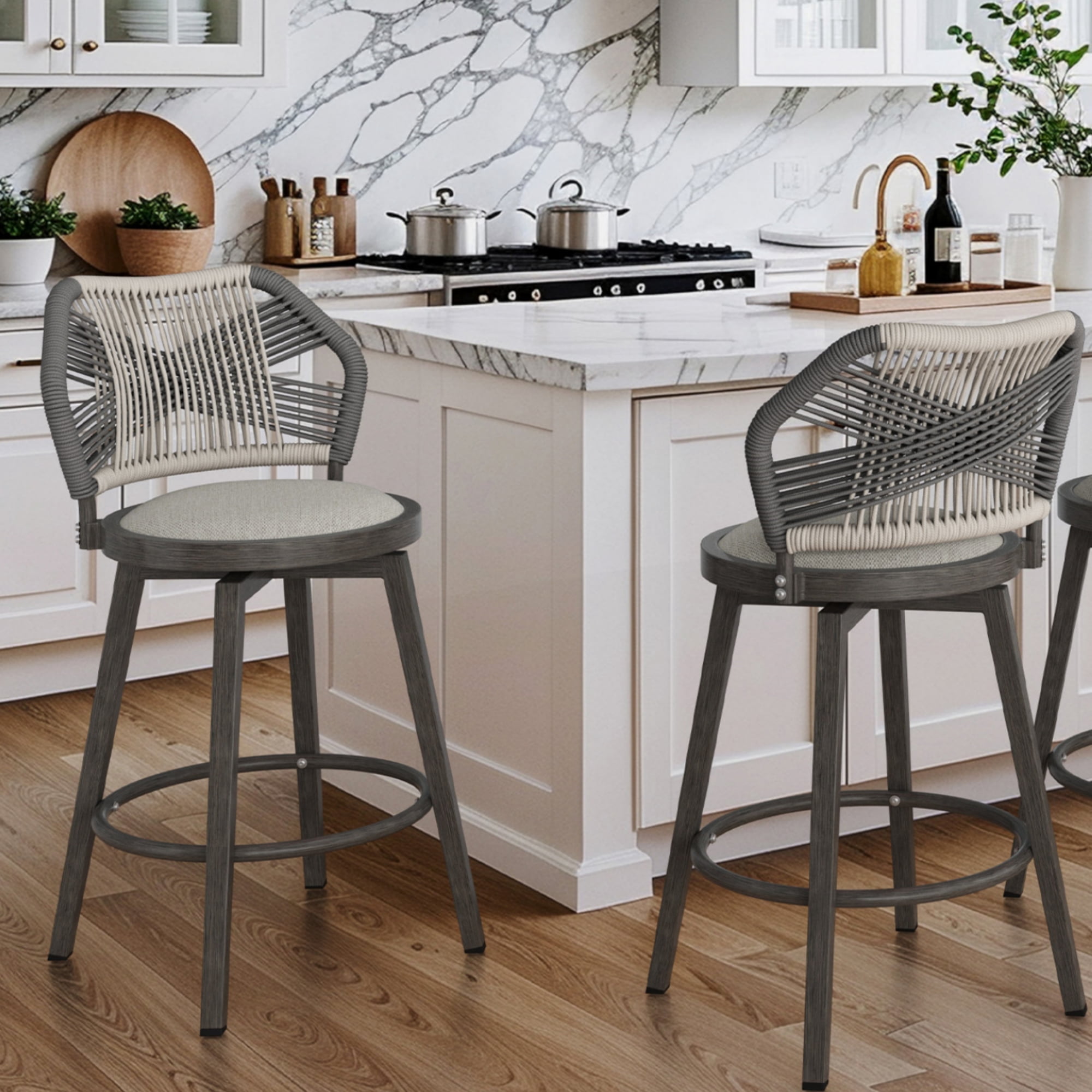Dycanpo 26'' Swivel Bar Stools Set of 2, Counter Height Stools with Woven Backrest & Footrest, Gray