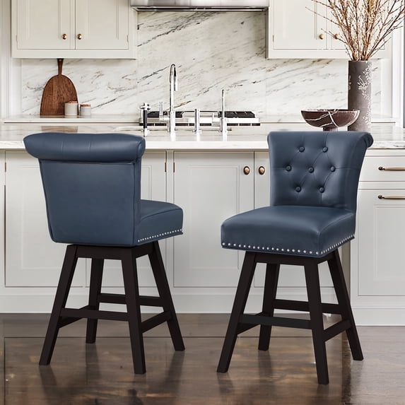 Dycanpo 26'' Swivel Bar Stools Set of 2, Upholstered Barstool with Footrest for Kitchen,Blue-Faux Leather