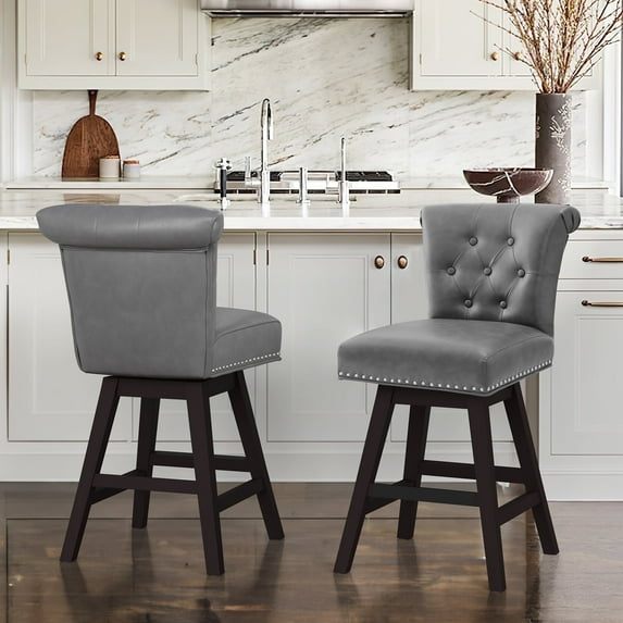 Dycanpo 26'' Swivel Bar Stools Set of 2, Upholstered Barstool with Footrest for Kitchen,Gray-Faux Leather