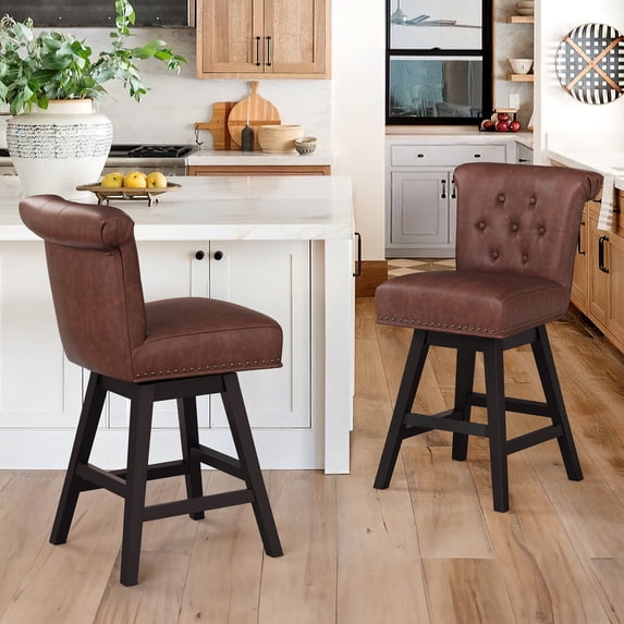 Dycanpo 26" Swivel Bar Stools Set of 2 with Back & Footrest, Counter Stools for Kitchen ,Brown-Faux Leather