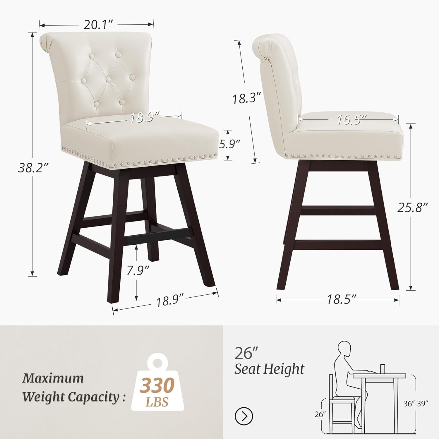 Antique White Swivel Upholstered Counter Stools Set of 2