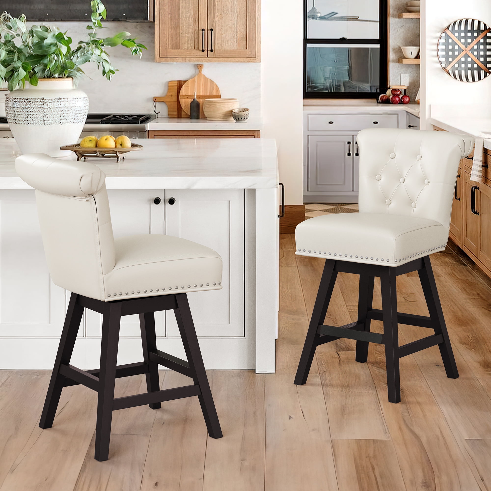 Antique White Swivel Upholstered Counter Stools Set of 2