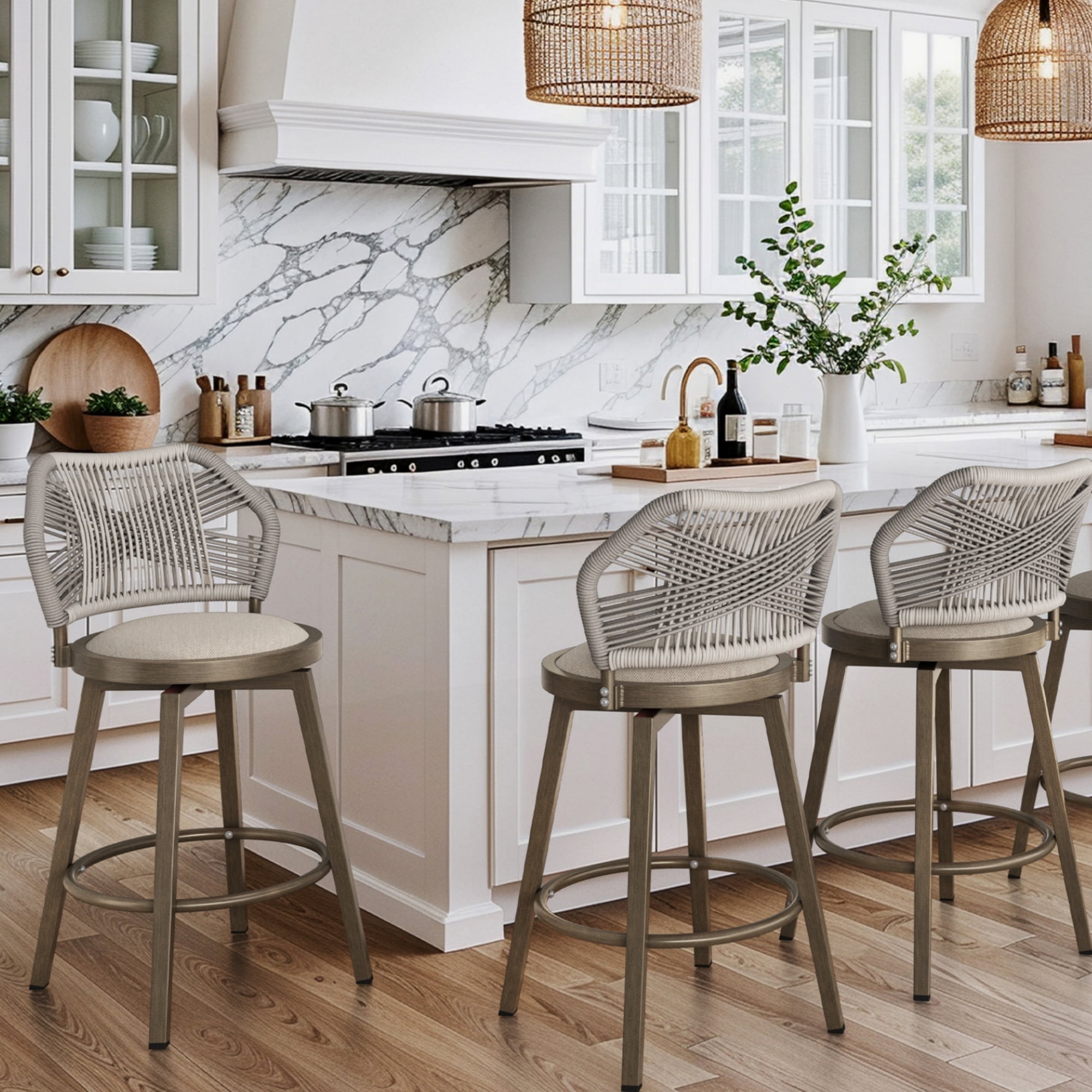 Dycanpo 26'' Swivel Bar Stools Set of 3, Counter Height Stools with Woven Backrest & Footrest, Beige