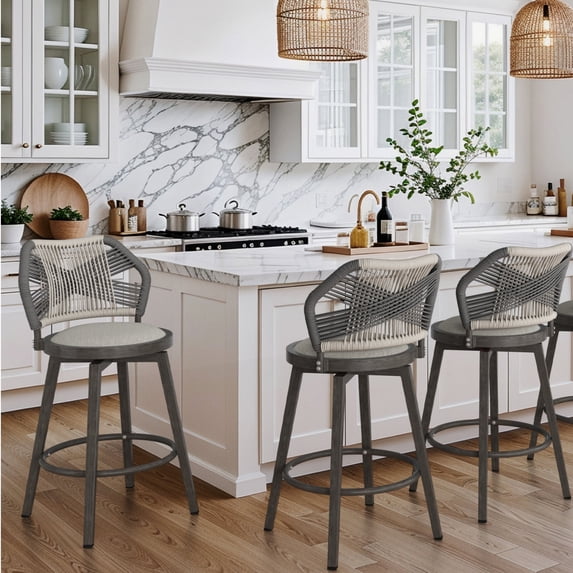 Dycanpo 26'' Swivel Bar Stools Set of 3, Counter Height Stools with Woven Backrest & Footrest, Gray