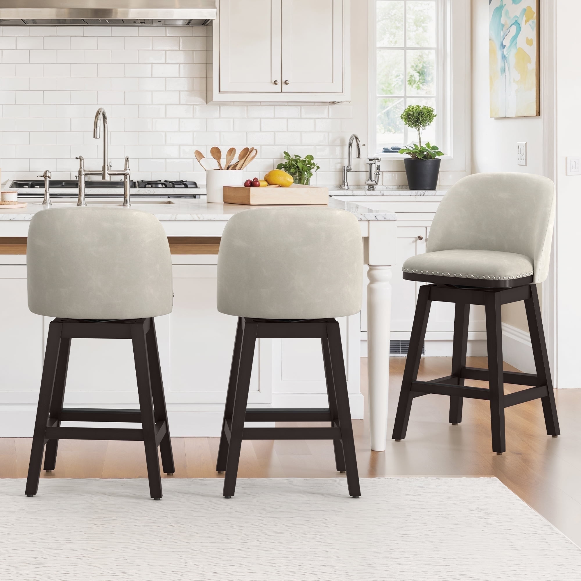 Dycanpo 26'' Swivel Bar Stools Set of 3, Counter Stools with Back & Footrest for Kitchen,Light Gray