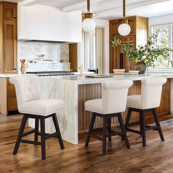 Dycanpo 26'' Swivel Bar Stools Set of 3, Upholstered Barstool with Footrest for Kitchen,Beige-Fabric