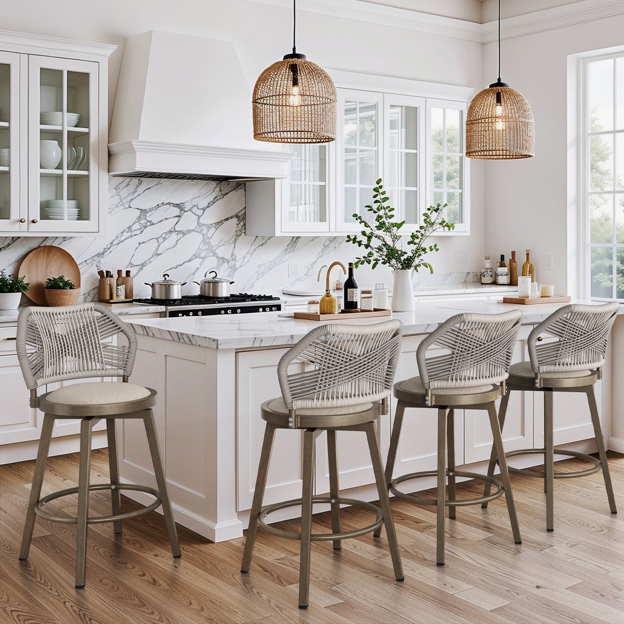 Dycanpo 26'' Swivel Bar Stools Set of 4, Counter Height Stools with Woven Backrest & Footrest, Beige