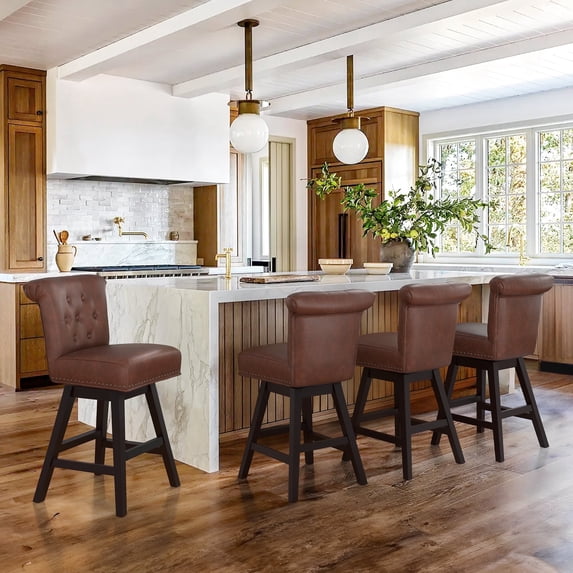 Dycanpo 26'' Swivel Bar Stools Set of 4, Upholstered Barstool with Footrest for Kitchen,Brown-Faux Leather