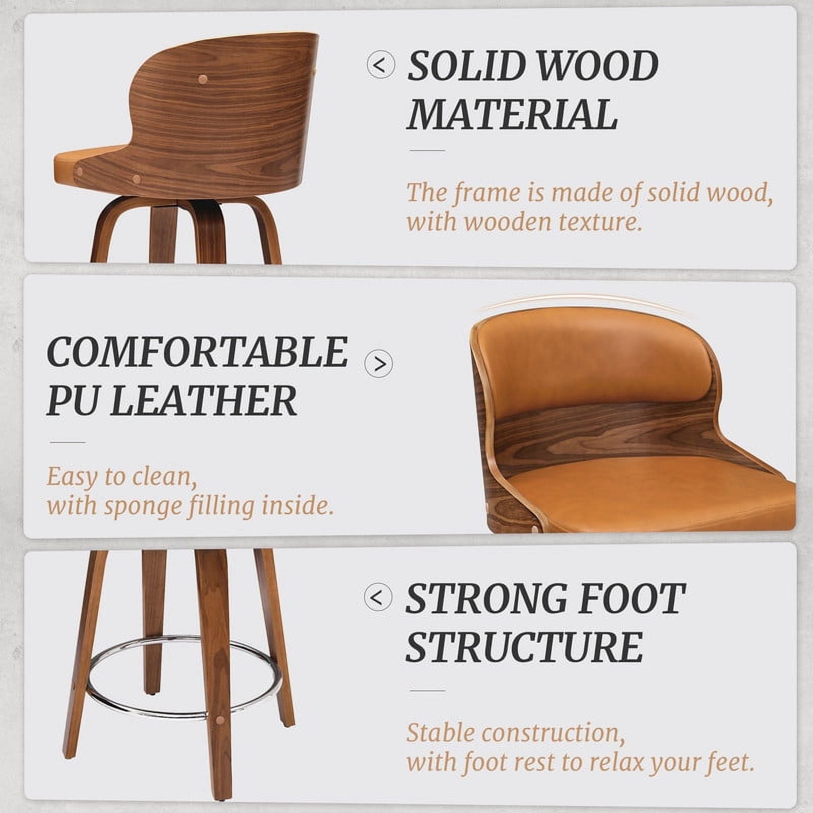 Whiskey Brown Faux Leather and Wood Swivel Counter Stools, Set of 3